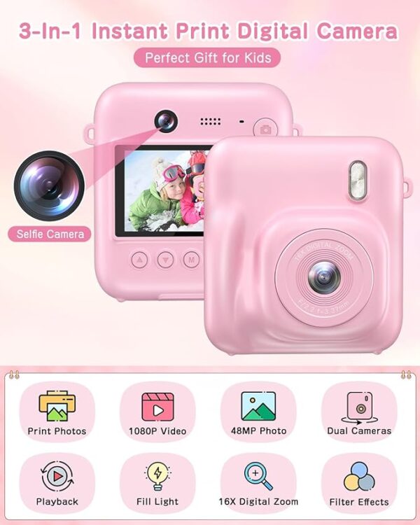 Kids Camera Instant Print, Selfie Digital Camera for Kids Christmas Birthday Gifts